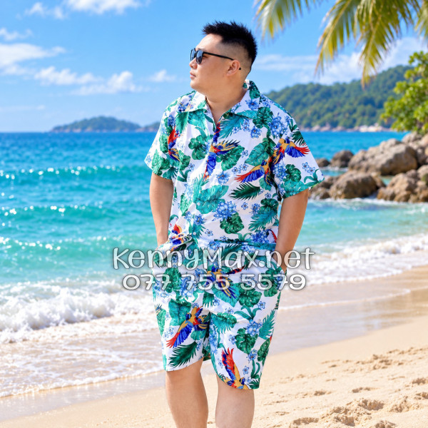 Set Áo Sơ Mi Quần Short Tropical Chim Vẹt Lá Xanh Đi Biển Nam Nữ