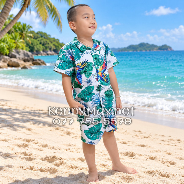 Set Áo Sơ Mi Quần Short Tropical Chim Vẹt Lá Xanh Đi Biển Nam Nữ