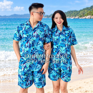 Set Áo Sơ Mi Quần Short Tropical Vẹt Xanh Đi Biển Nam Nữ