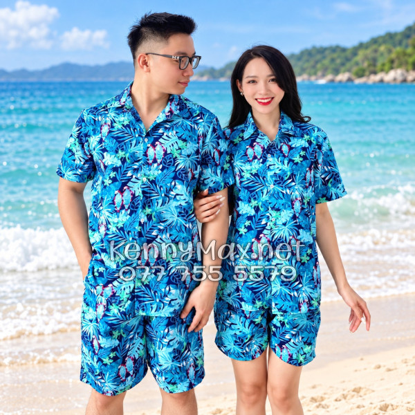 Set Áo Sơ Mi Quần Short Tropical Vẹt Xanh Đi Biển Nam Nữ