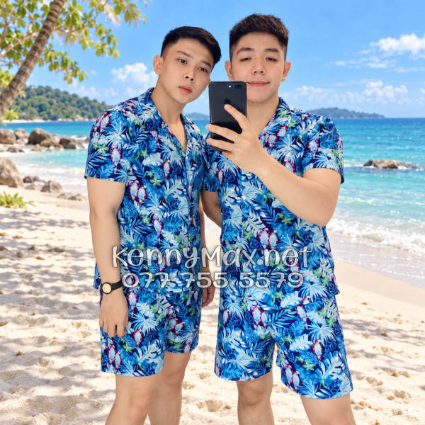 Set Áo Sơ Mi Quần Short Tropical Vẹt Xanh Đi Biển Nam Nữ