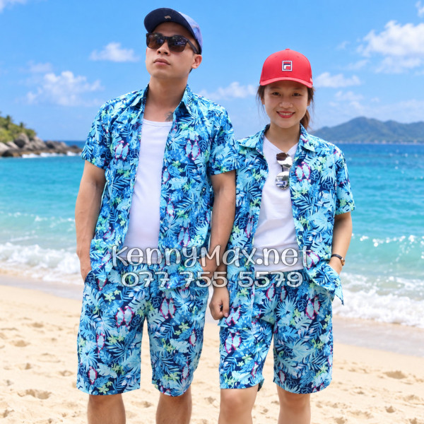 Set Áo Sơ Mi Quần Short Tropical Vẹt Xanh Đi Biển Nam Nữ