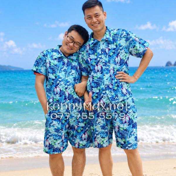 Set Áo Sơ Mi Quần Short Tropical Vẹt Xanh Đi Biển Nam Nữ