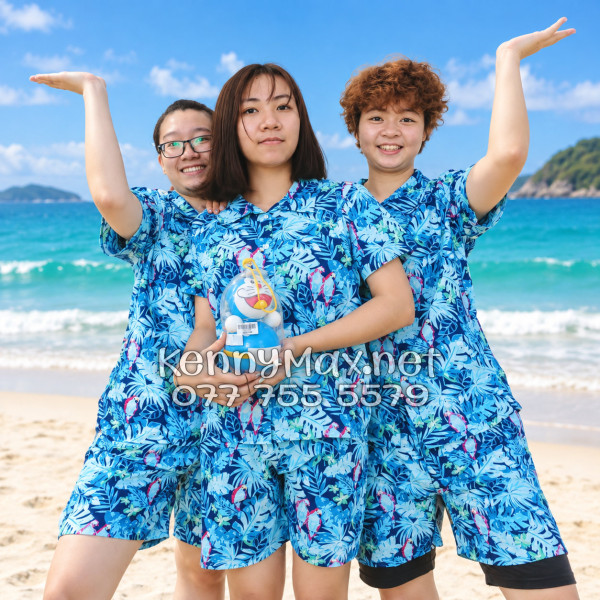 Set Áo Sơ Mi Quần Short Tropical Vẹt Xanh Đi Biển Nam Nữ