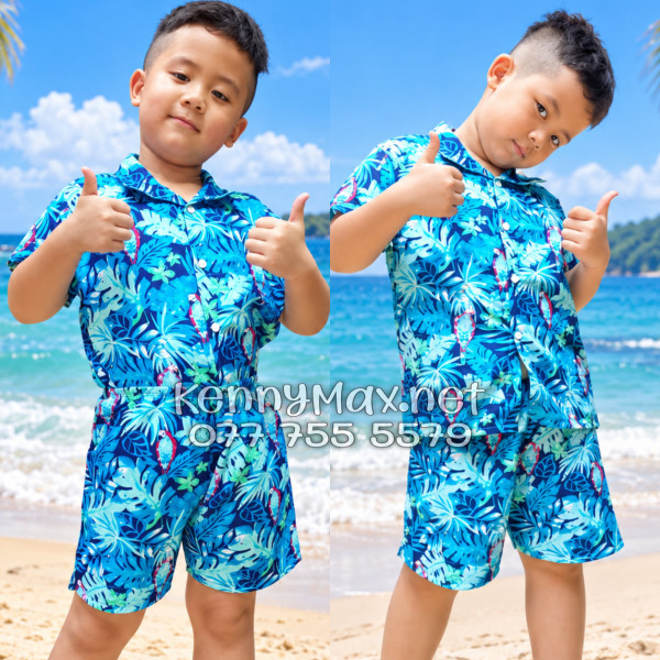 Set Áo Sơ Mi Quần Short Tropical Vẹt Xanh Đi Biển Nam Nữ