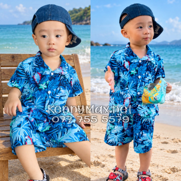 Set Áo Sơ Mi Quần Short Tropical Vẹt Xanh Đi Biển Nam Nữ