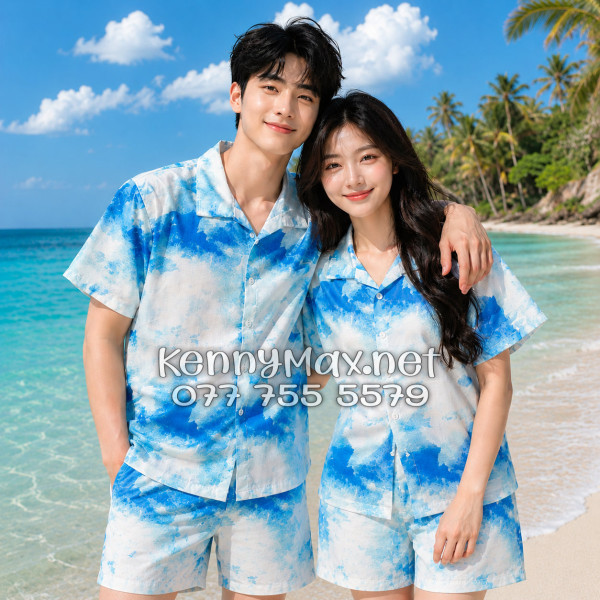 Set Áo Sơ Mi Quần Short Mây Trắng Xanh Đi Biển Nam Nữ