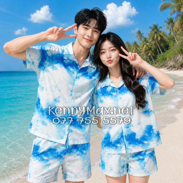 Set Áo Sơ Mi Quần Short Mây Trắng Xanh Đi Biển Nam Nữ