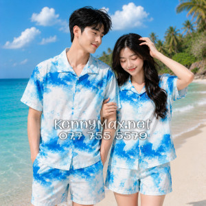 Set Áo Sơ Mi Quần Short Mây Trắng Xanh Đi Biển Nam Nữ