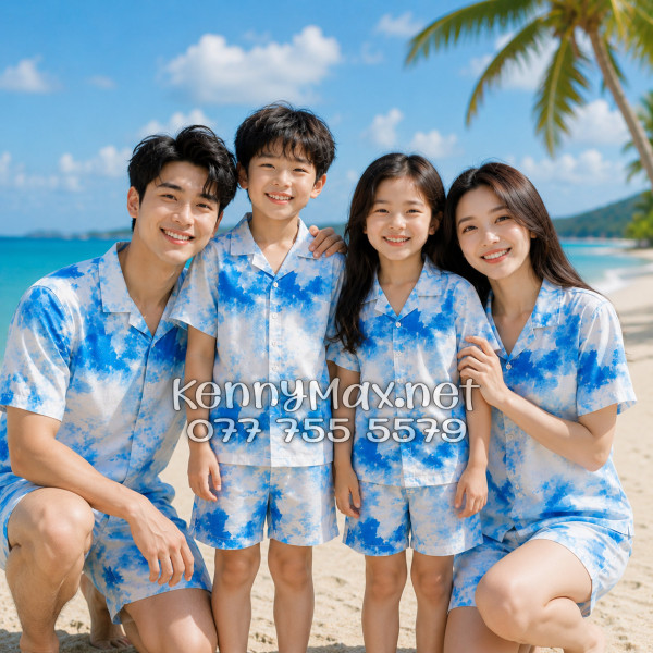 Set Áo Sơ Mi Quần Short Mây Trắng Xanh Đi Biển Nam Nữ