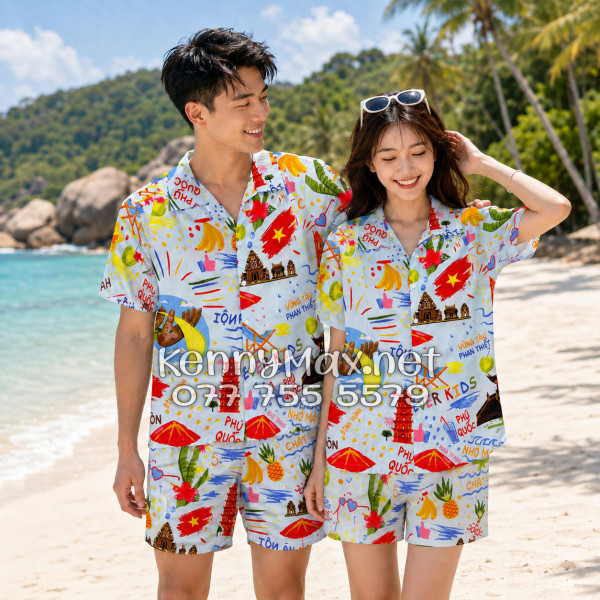 Set Áo Sơ Mi Quần Short Tropical Du Lịch Việt Nam Hà Nội Sài Gòn Đà Nẵng Phú Quốc Phan Thiết Mũi Né Nha Trang Vũng Tàu Xanh
