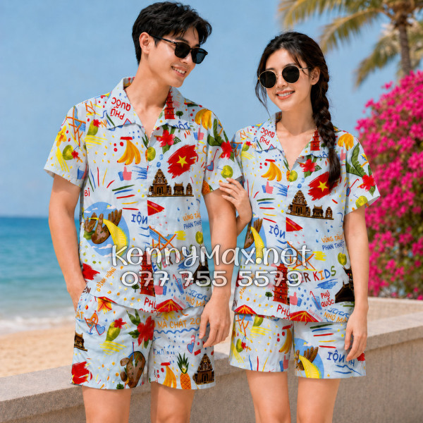 Set Áo Sơ Mi Quần Short Tropical Du Lịch Việt Nam Hà Nội Sài Gòn Đà Nẵng Phú Quốc Phan Thiết Mũi Né Nha Trang Vũng Tàu Xanh