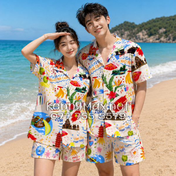 Set Áo Sơ Mi Quần Short Tropical Du Lịch Việt Nam Hà Nội Sài Gòn Đà Nẵng Phú Quốc Phan Thiết Mũi Né Nha Trang Vũng Tàu Màu Kem Nhạt