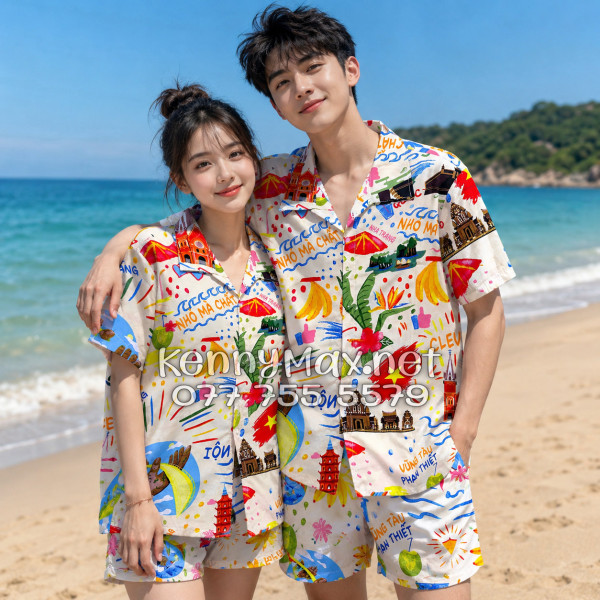 Set Áo Sơ Mi Quần Short Tropical Du Lịch Việt Nam Hà Nội Sài Gòn Đà Nẵng Phú Quốc Phan Thiết Mũi Né Nha Trang Vũng Tàu Màu Kem Nhạt