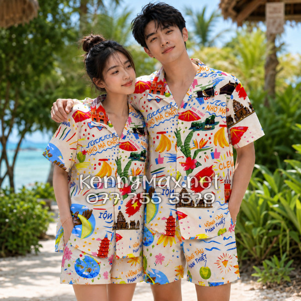 Set Áo Sơ Mi Quần Short Tropical Du Lịch Việt Nam Hà Nội Sài Gòn Đà Nẵng Phú Quốc Phan Thiết Mũi Né Nha Trang Vũng Tàu Màu Kem Nhạt
