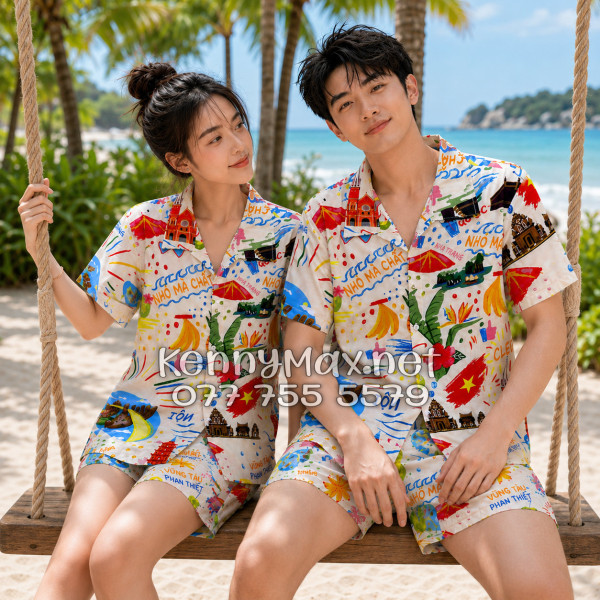 Set Áo Sơ Mi Quần Short Tropical Du Lịch Việt Nam Hà Nội Sài Gòn Đà Nẵng Phú Quốc Phan Thiết Mũi Né Nha Trang Vũng Tàu Màu Kem Nhạt