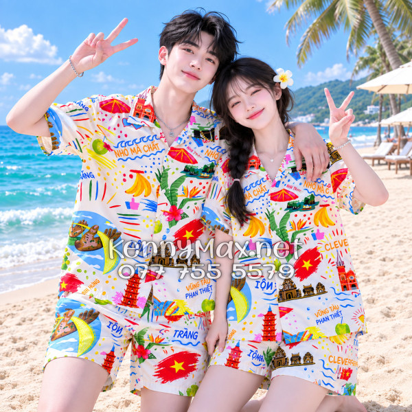 Set Áo Sơ Mi Quần Short Tropical Du Lịch Việt Nam Hà Nội Sài Gòn Đà Nẵng Phú Quốc Phan Thiết Mũi Né Nha Trang Vũng Tàu Màu Kem Nhạt