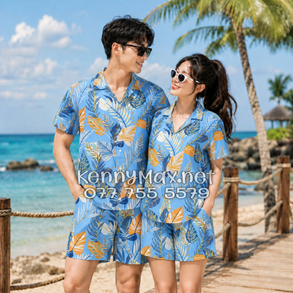 Set Áo Sơ Mi Quần Short Tropical Lá Môn Xanh Đi Biển Nam Nữ