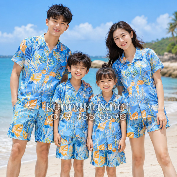 Set Áo Sơ Mi Quần Short Tropical Lá Môn Xanh Đi Biển Nam Nữ