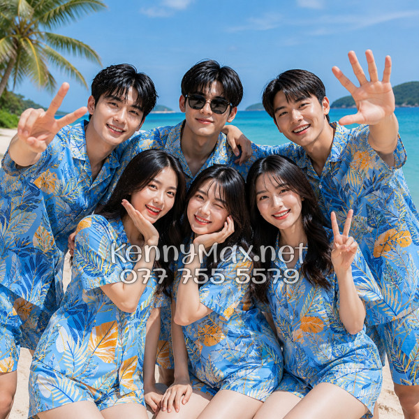 Set Áo Sơ Mi Quần Short Tropical Lá Môn Xanh Đi Biển Nam Nữ