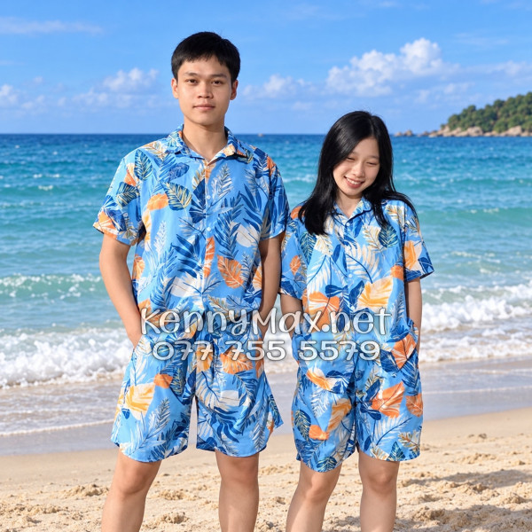 Set Áo Sơ Mi Quần Short Tropical Lá Môn Xanh Đi Biển Nam Nữ