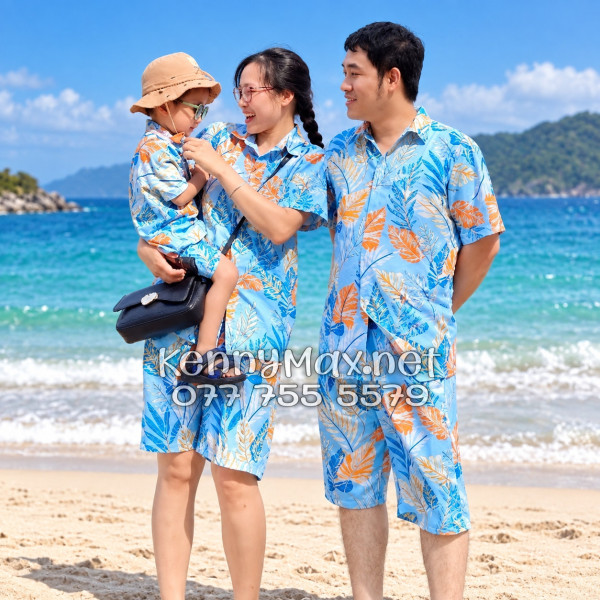 Set Áo Sơ Mi Quần Short Tropical Lá Môn Xanh Đi Biển Nam Nữ