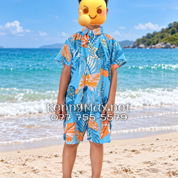 Set Áo Sơ Mi Quần Short Tropical Lá Môn Xanh Đi Biển Nam Nữ