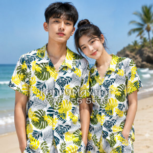 Set Áo Sơ Mi Quần Short Tropical Lá Vàng Đi Biển Nam Nữ