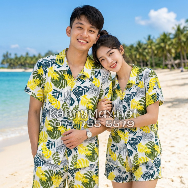 Set Áo Sơ Mi Quần Short Tropical Lá Vàng Đi Biển Nam Nữ