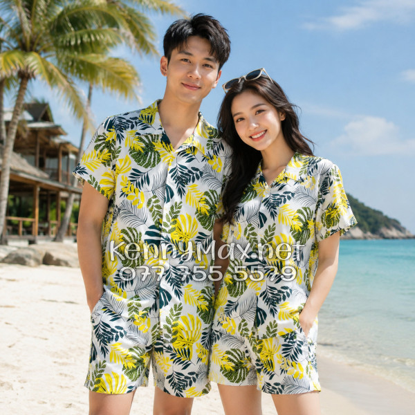 Set Áo Sơ Mi Quần Short Tropical Lá Vàng Đi Biển Nam Nữ