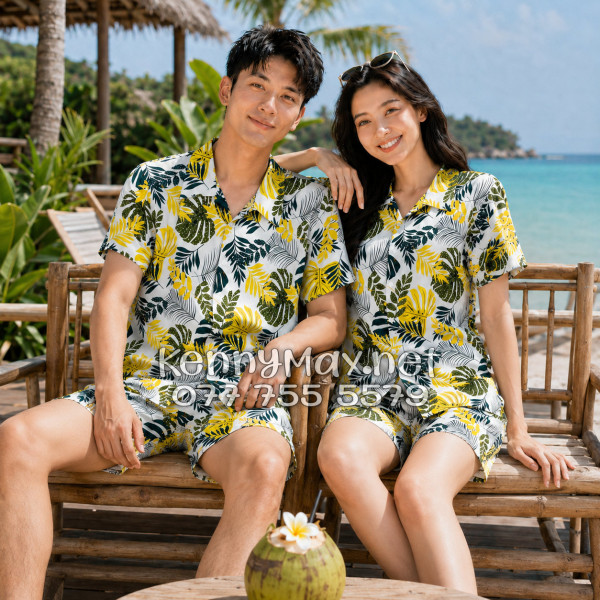 Set Áo Sơ Mi Quần Short Tropical Lá Vàng Đi Biển Nam Nữ