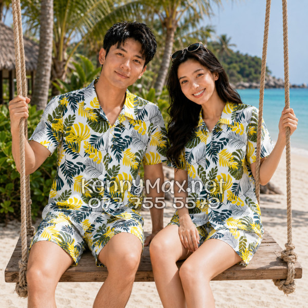 Set Áo Sơ Mi Quần Short Tropical Lá Vàng Đi Biển Nam Nữ