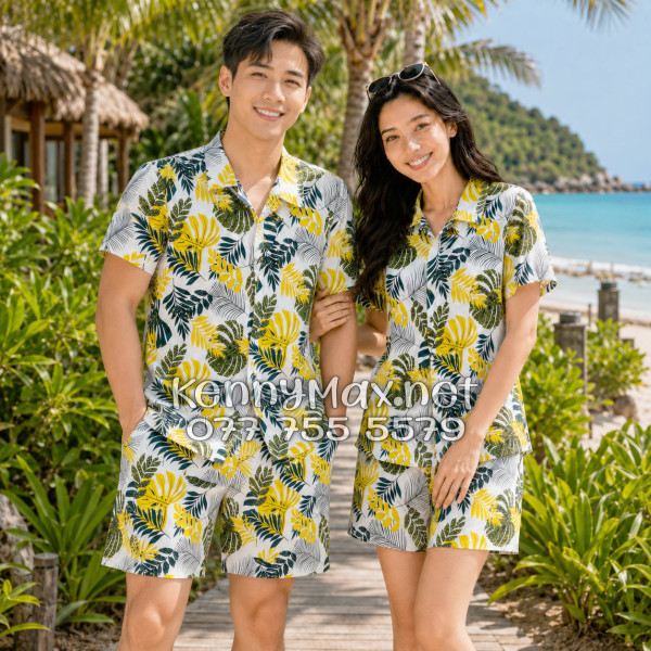 Set Áo Sơ Mi Quần Short Tropical Lá Vàng Đi Biển Nam Nữ