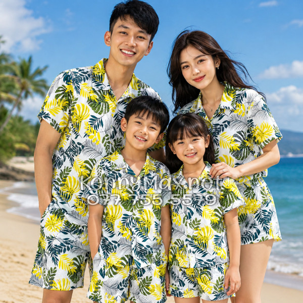 Set Áo Sơ Mi Quần Short Tropical Lá Vàng Đi Biển Nam Nữ