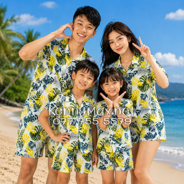 Set Áo Sơ Mi Quần Short Tropical Lá Vàng Đi Biển Nam Nữ