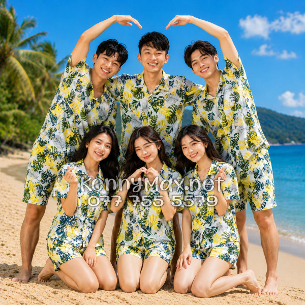 Set Áo Sơ Mi Quần Short Tropical Lá Vàng Đi Biển Nam Nữ