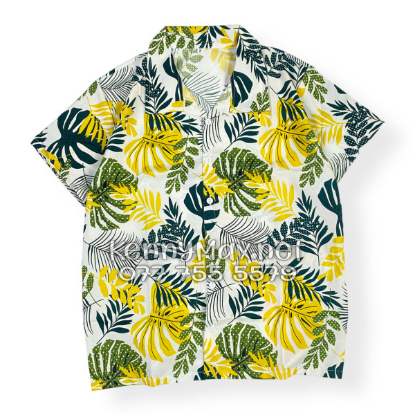 Set Áo Sơ Mi Quần Short Tropical Lá Vàng Đi Biển Nam Nữ