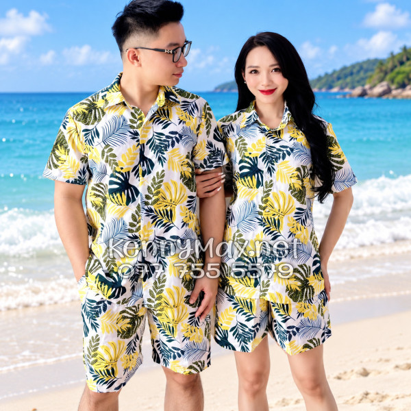 Set Áo Sơ Mi Quần Short Tropical Lá Vàng Đi Biển Nam Nữ