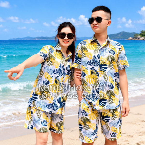 Set Áo Sơ Mi Quần Short Tropical Lá Vàng Đi Biển Nam Nữ