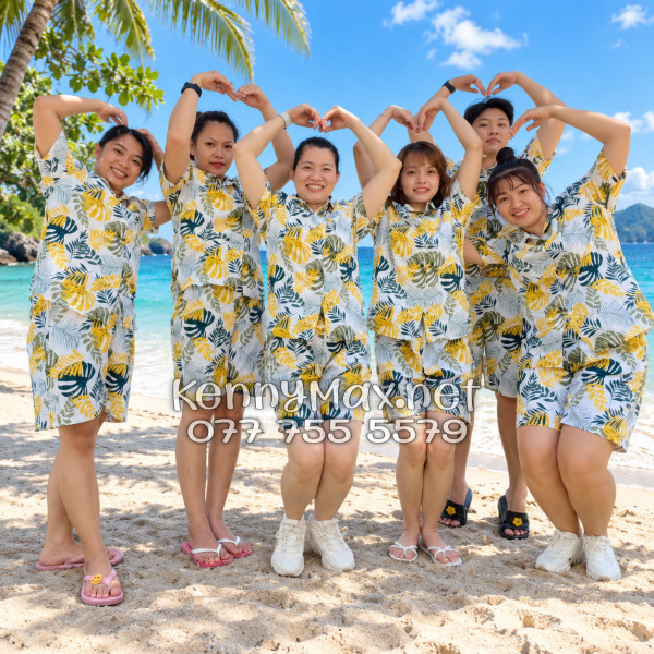 Set Áo Sơ Mi Quần Short Tropical Lá Vàng Đi Biển Nam Nữ