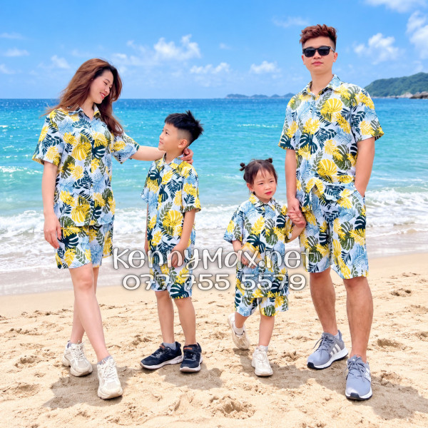 Set Áo Sơ Mi Quần Short Tropical Lá Vàng Đi Biển Nam Nữ