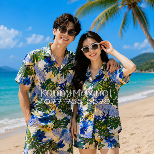 Set Áo Sơ Mi Quần Short Tropical Lá Cọ Đi Biển Nam Nữ