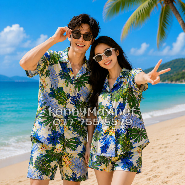 Set Áo Sơ Mi Quần Short Tropical Lá Cọ Đi Biển Nam Nữ