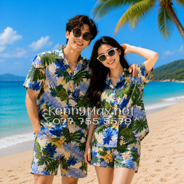 Set Áo Sơ Mi Quần Short Tropical Lá Cọ Đi Biển Nam Nữ