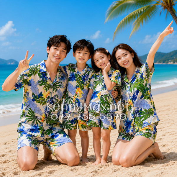 Set Áo Sơ Mi Quần Short Tropical Lá Cọ Đi Biển Nam Nữ