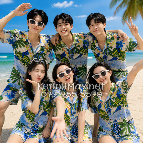 Set Áo Sơ Mi Quần Short Tropical Lá Cọ Đi Biển Nam Nữ
