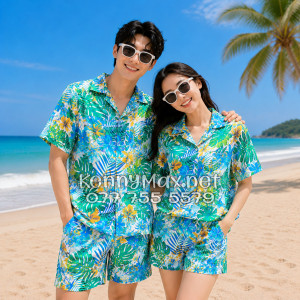 Set Áo Sơ Mi Quần Short Tropical Lá Rùa Đi Biển Nam Nữ