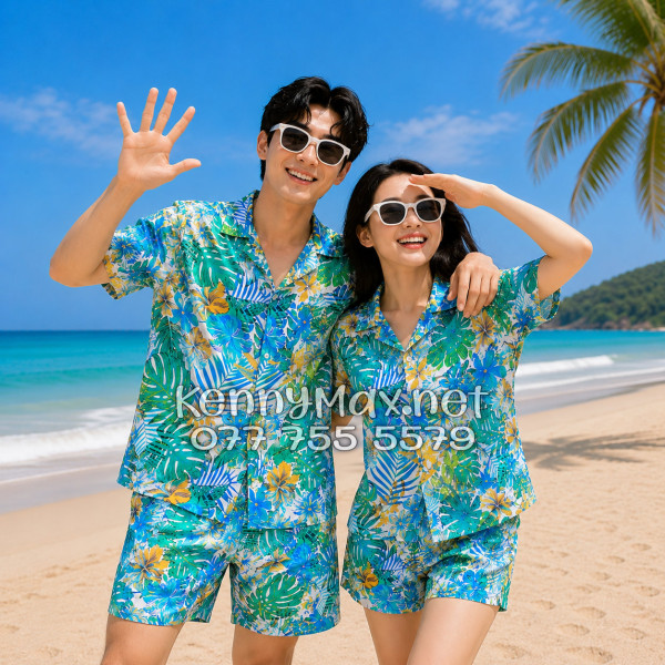 Set Áo Sơ Mi Quần Short Tropical Lá Rùa Đi Biển Nam Nữ