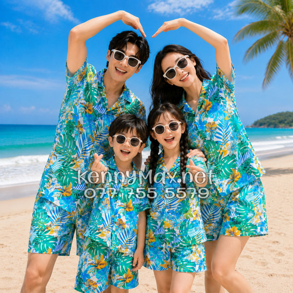Set Áo Sơ Mi Quần Short Tropical Lá Rùa Đi Biển Nam Nữ