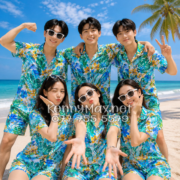 Set Áo Sơ Mi Quần Short Tropical Lá Rùa Đi Biển Nam Nữ